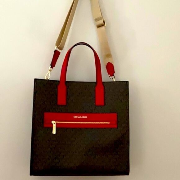 MICHAEL KORS NWT KENLY FLAME RED BROWN SIGNATURE LARGE TOTE CROSSBODY BAG - Picture 9 of 12
